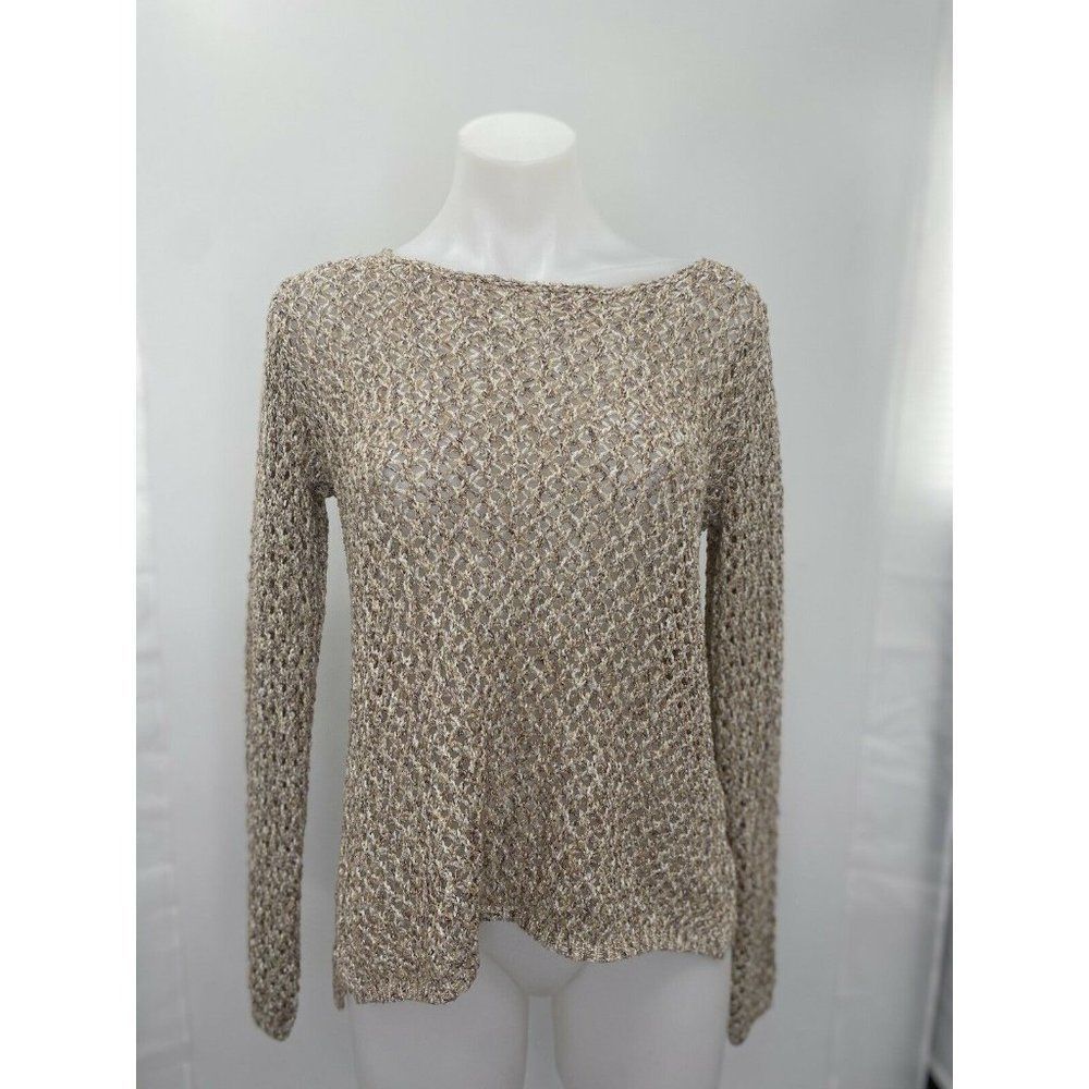 Women's Size Medium Long Sleeve Open Knit Pullover Sweater Blouse Top Gold Brown